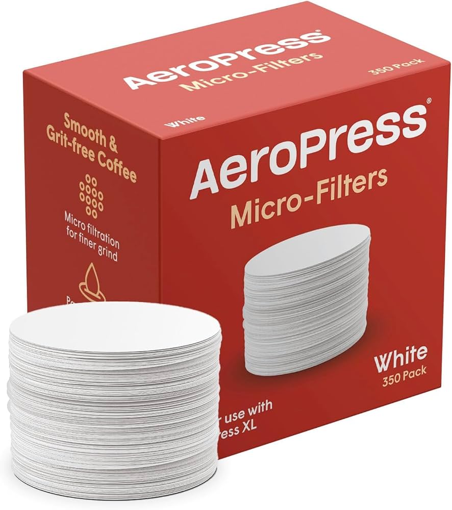 Red box of 350 white AeroPress micro-filters with a stack of filters in front