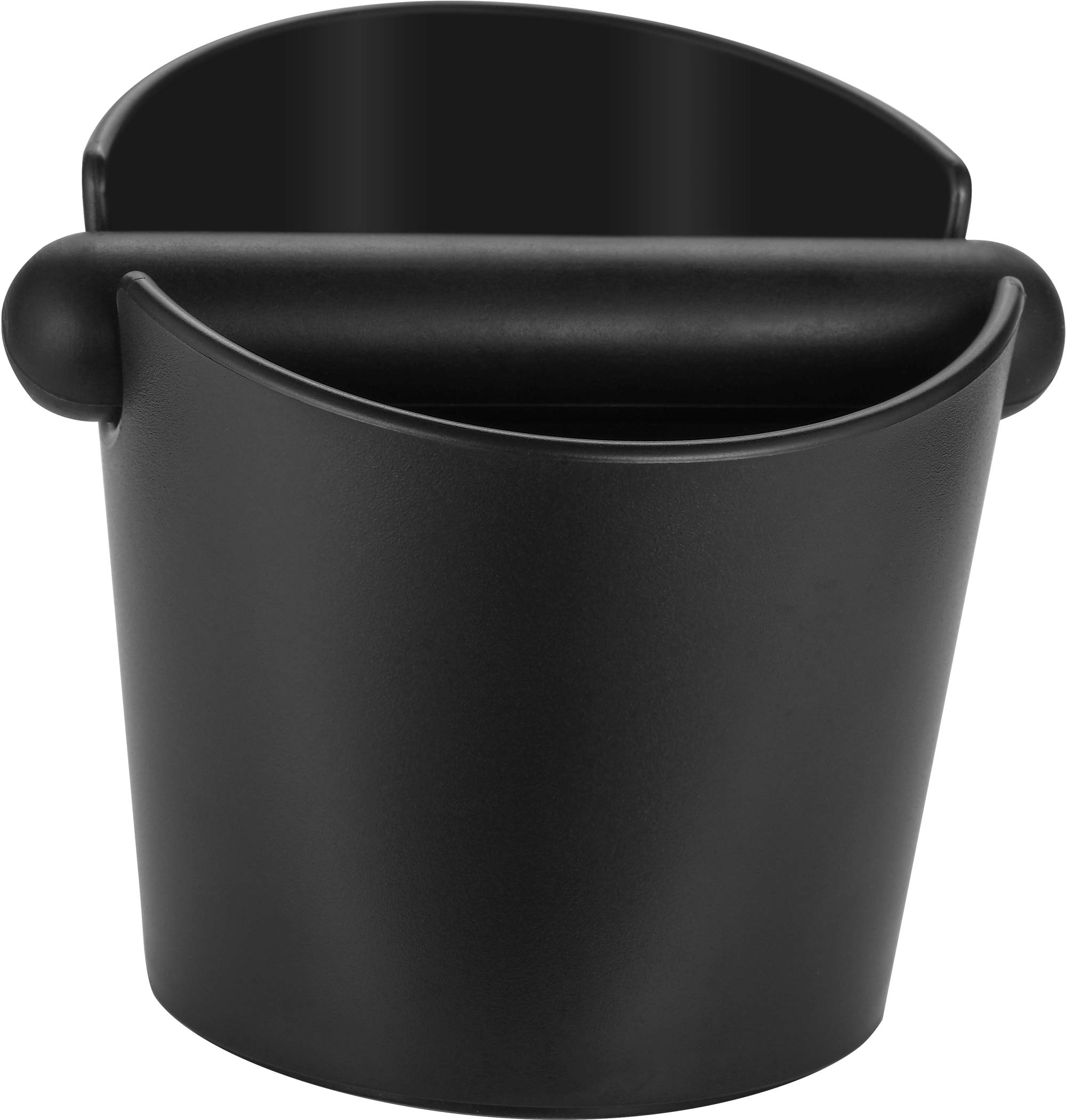 Round black espresso knock box with a bar across the top