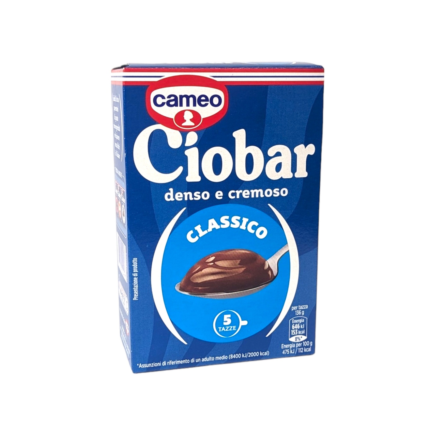 Blue Cameo Ciobar Classico box showing a spoonful of thick hot chocolate