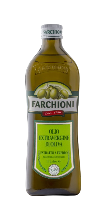 Green glass bottle of Farchioni extra virgin olive oil