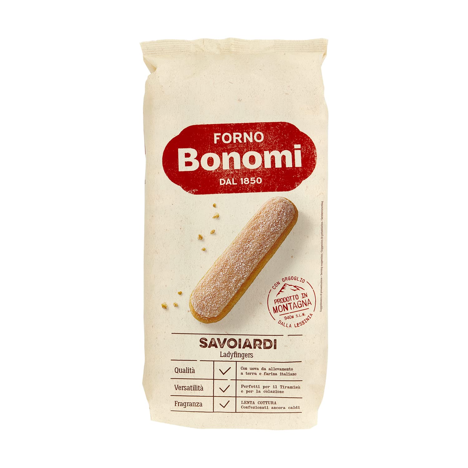 Forno Bonomi Savoiardi bag with a sponge finger shown on the front