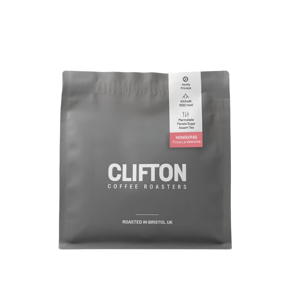 Grey Clifton Coffee Roasters bag with a Honduras Finca La Valentina label