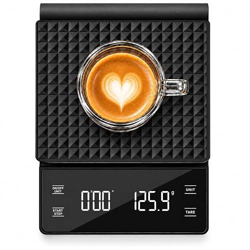 Black digital coffee scale with timer display, an espresso cup on top